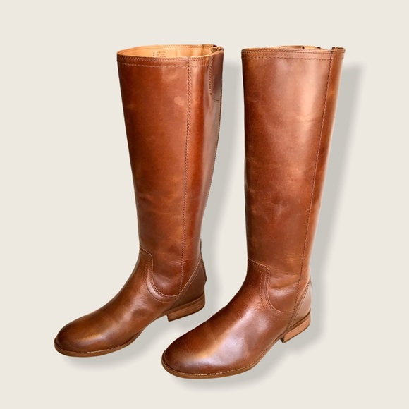 $399 Frye Jolie Back Zip Cognac Knee High Zip Up Round Toe Fall Leather Boot - Picture 14 of 15
